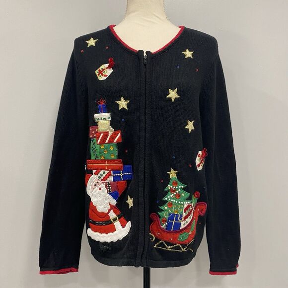 VTG Tiara Int'l M Black Ugly Christmas Sweater Zipper Cardigan Santa Embroidered - Picture 1 of 16